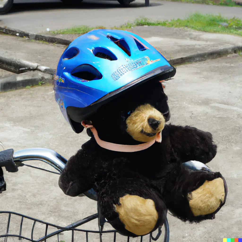 teddy mit helm auf fahrrad