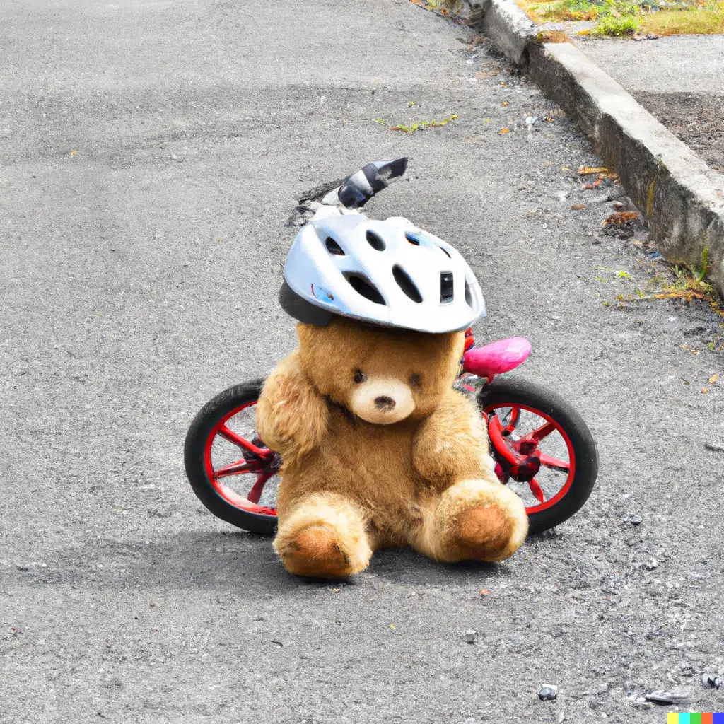 teddy bear with bicycle helmet on a children bike in road