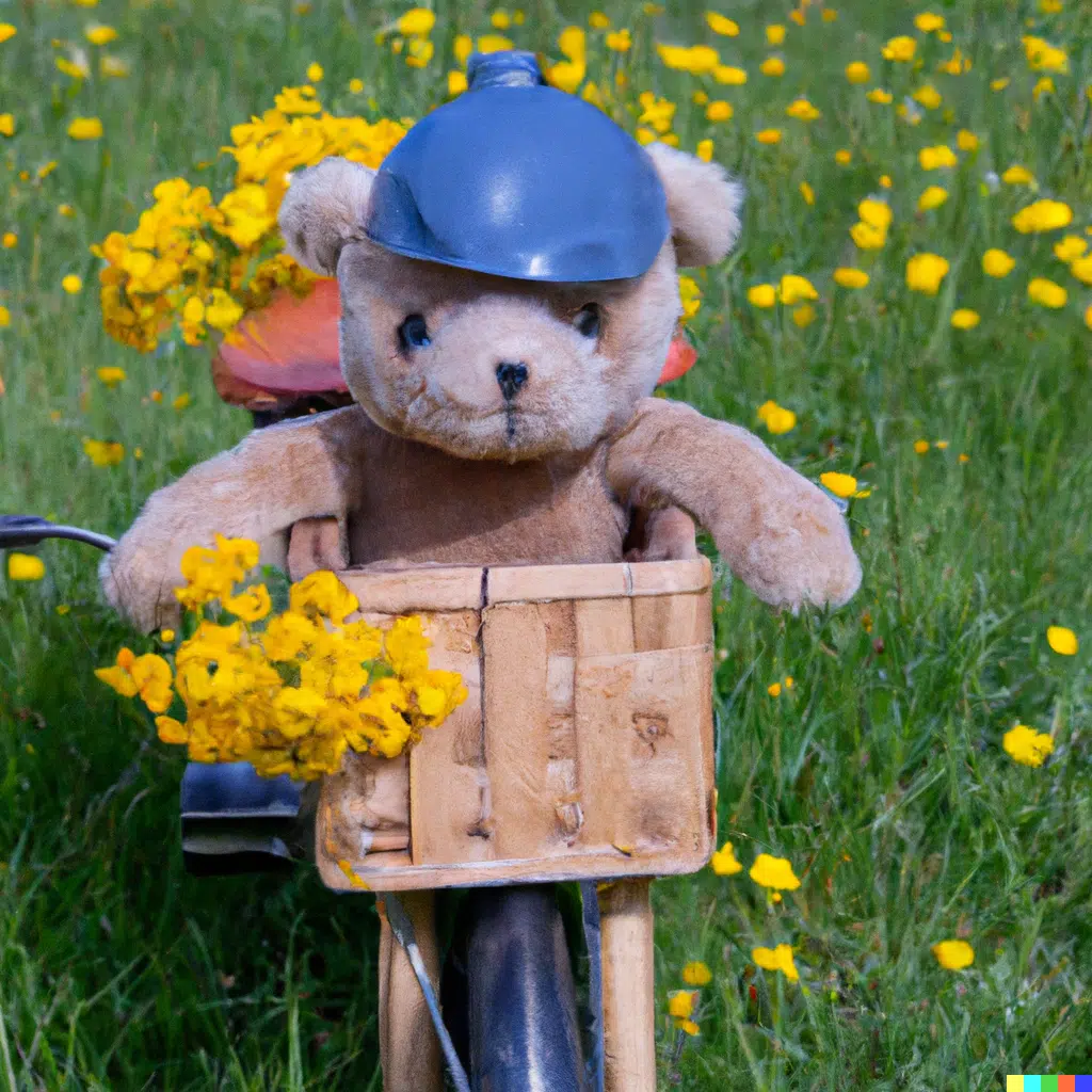 teddybär auf fahrrad auf wiese mit gelben blumen